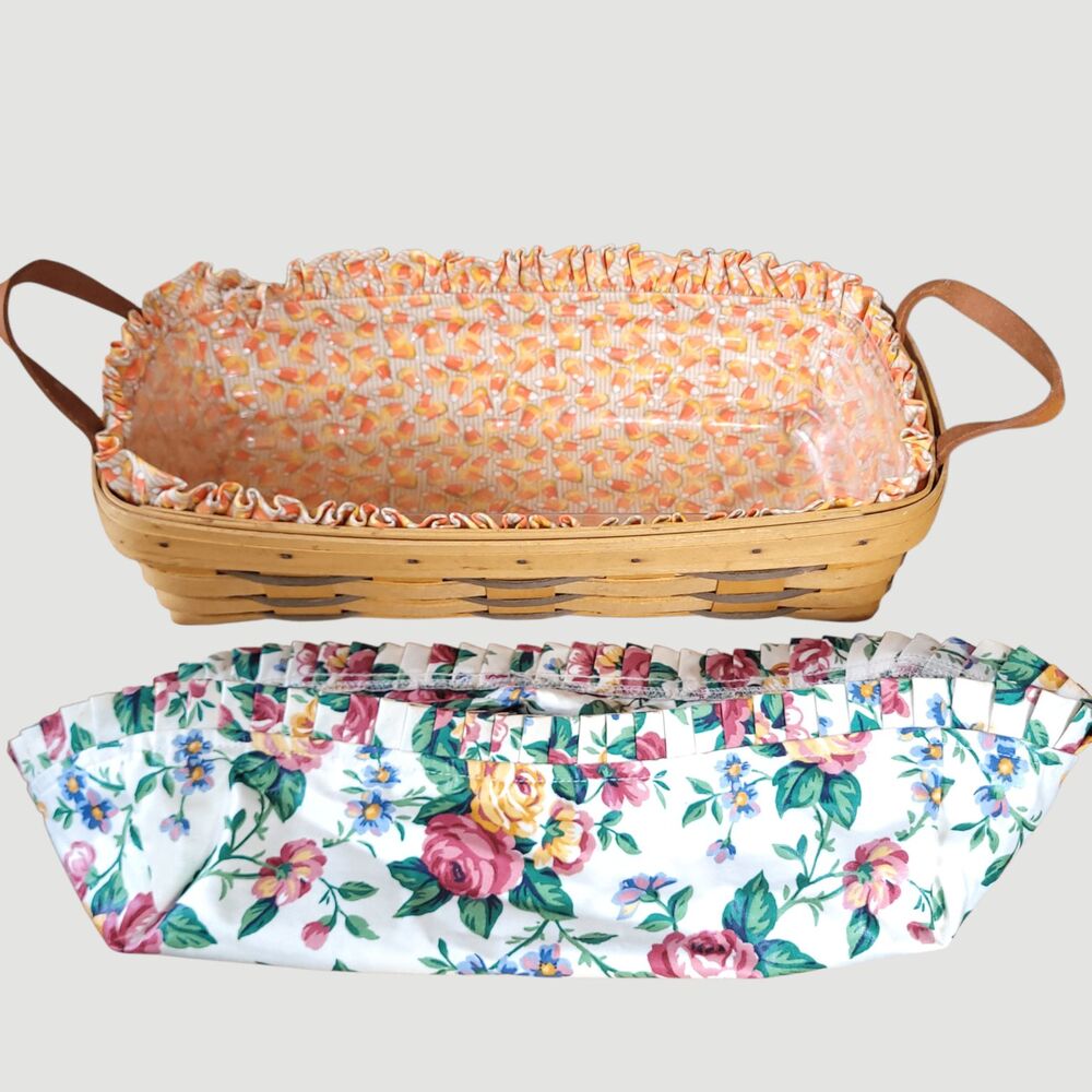 Longaberger Bread Basket 2 Liners Candy Corn and Floral With Protector- Cracked